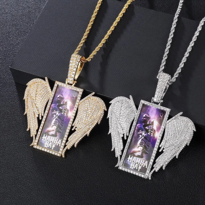 Angel Wings Rectangular Photo Frame Pendant Custom Necklace with Zircon Hip Hop Style-silviax