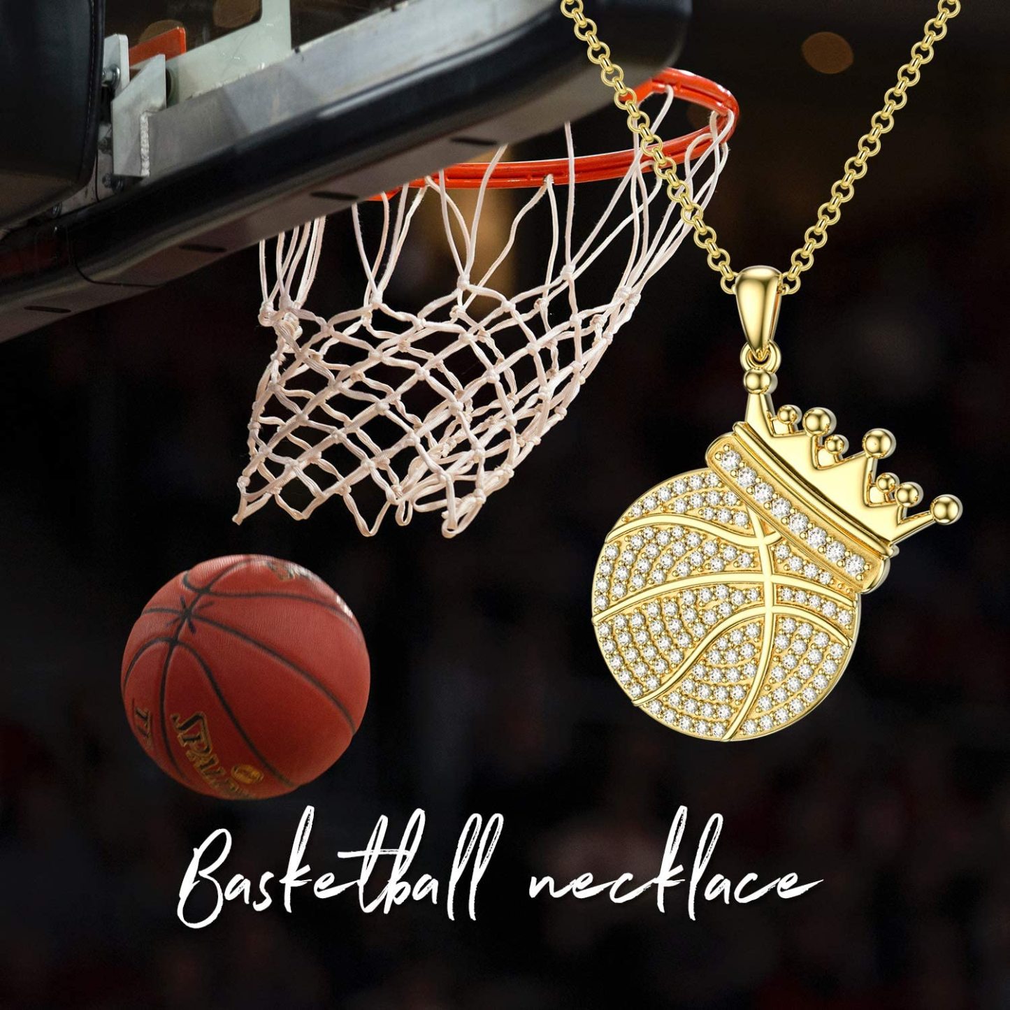 Crown Basketball Pendant Gold Plated Necklace Hip Hop Sport Style for Boy Men-silviax
