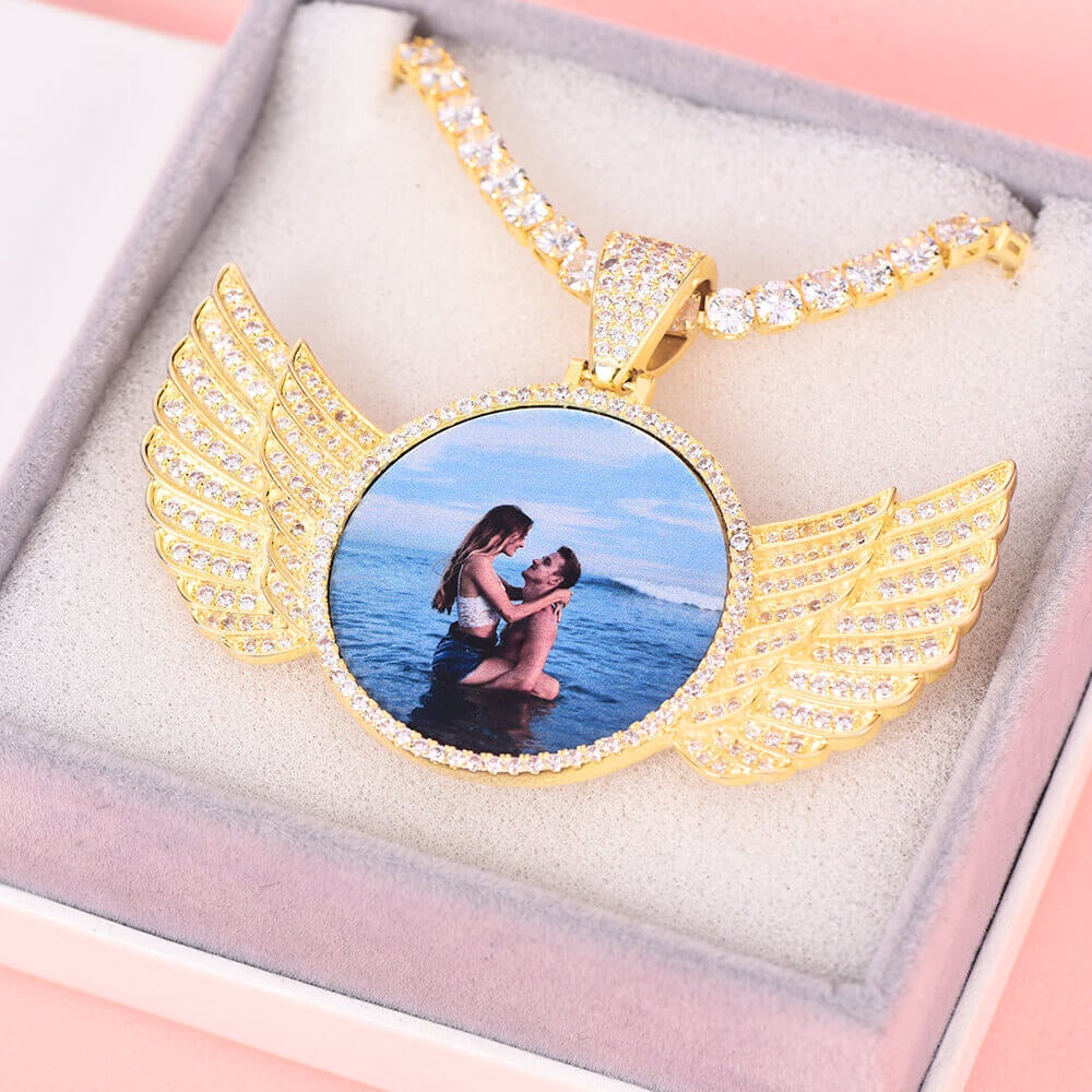 Angel Wings with Tennis Chain Gold Plated Personalized Circular Pendant Photo Necklace-silviax