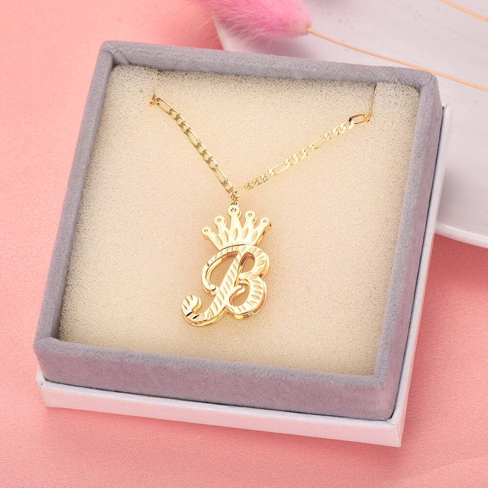 Double Layer Large Letter Crown Pendant Gold Plated Personalized Custom Initial Necklace-silviax