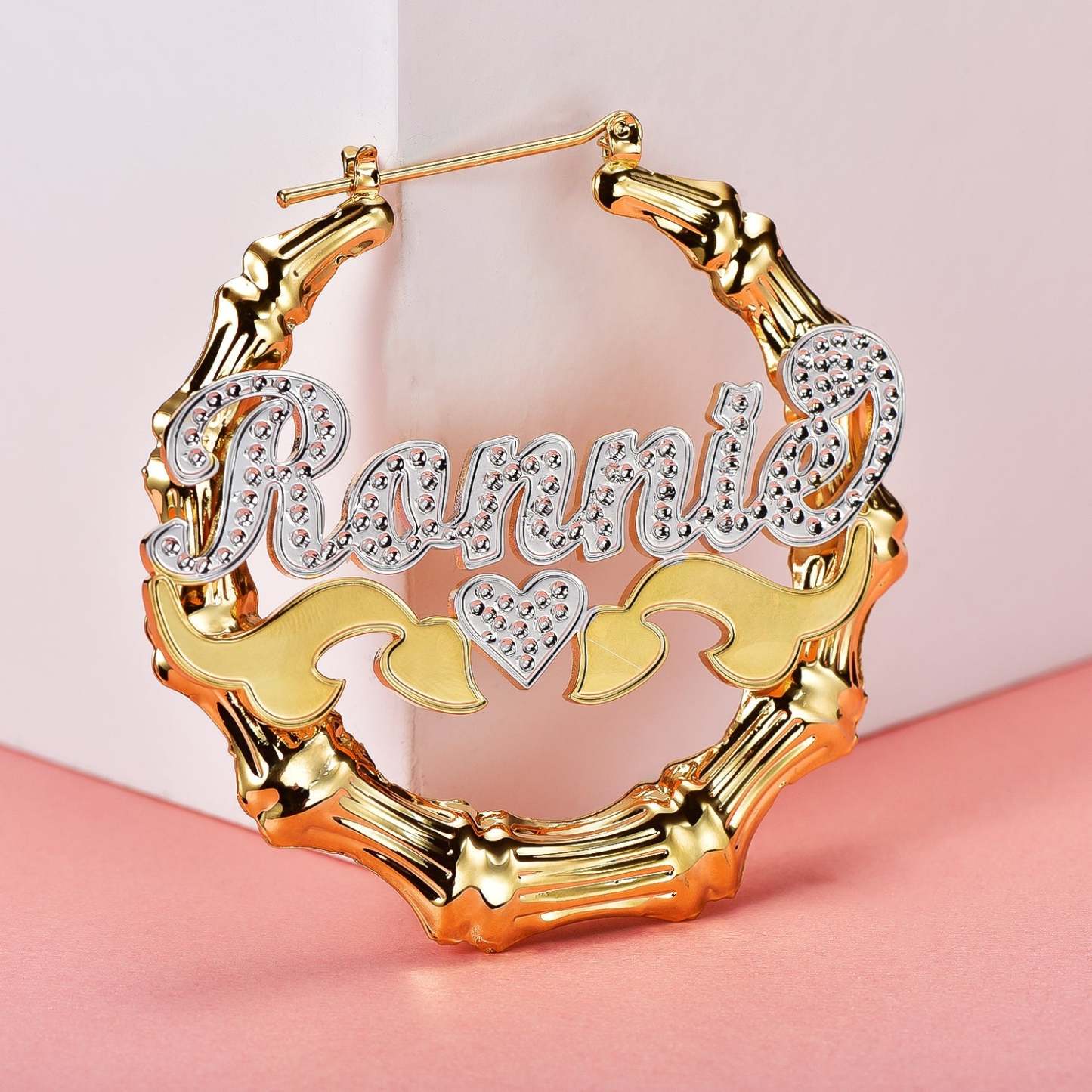 Two Tone Heart Gold Plated Bamboo Name Custom Earrings-silviax