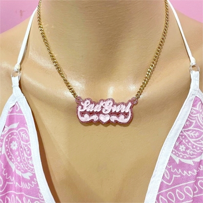 Pink Personalized Double Plate Acrylic Heart Name Necklace