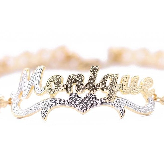 Two Tone Personalized Custom Nameplate Heart XOXO Chain Gold Plated Name Bracelet-silviax