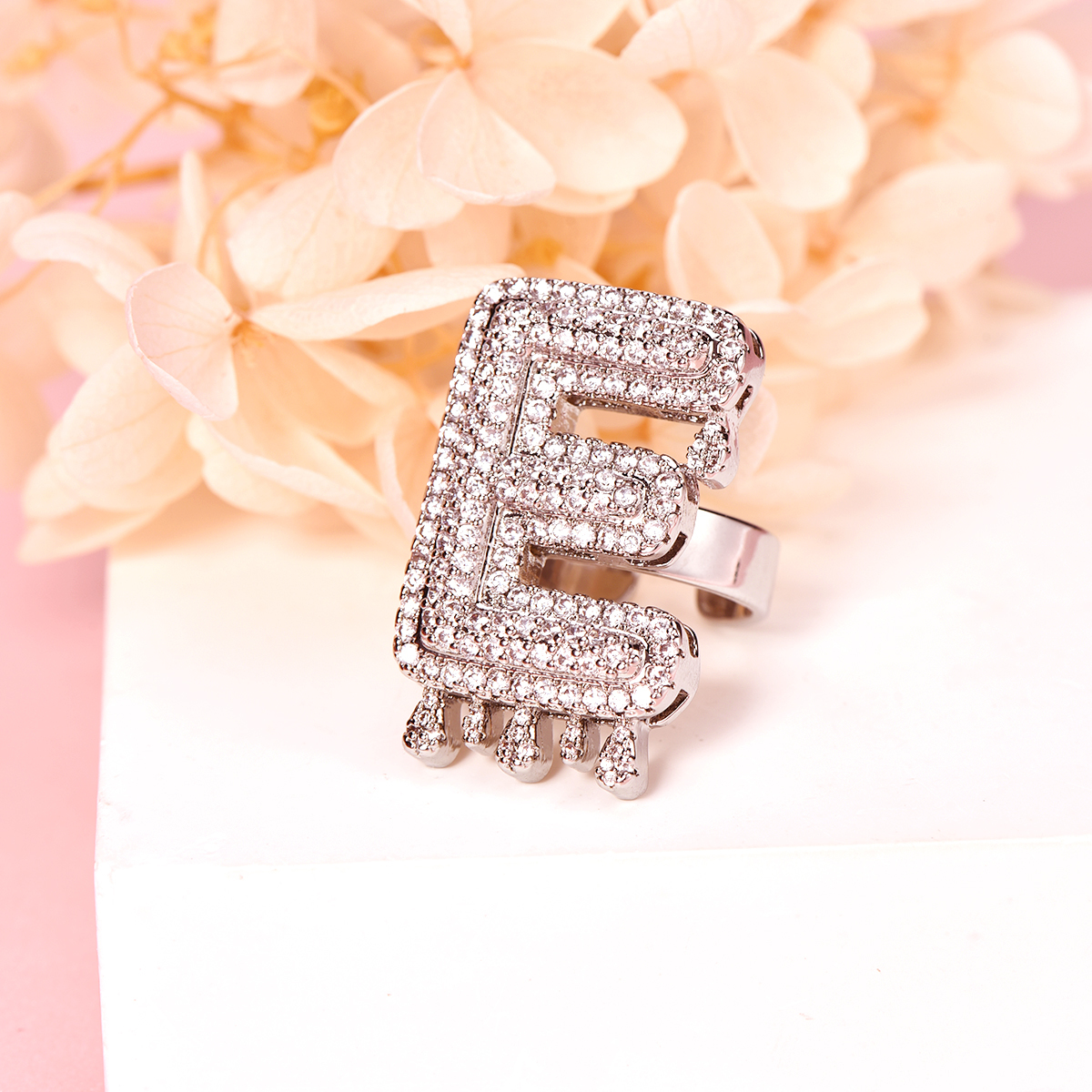 Drip Letter Number Personalized Custom White Gold Initial Ring Hip Hop Style-silviax