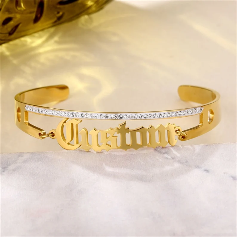 Personalized Bling Crystal Name Cuff Bangle Old English Name Bracelet-silviax