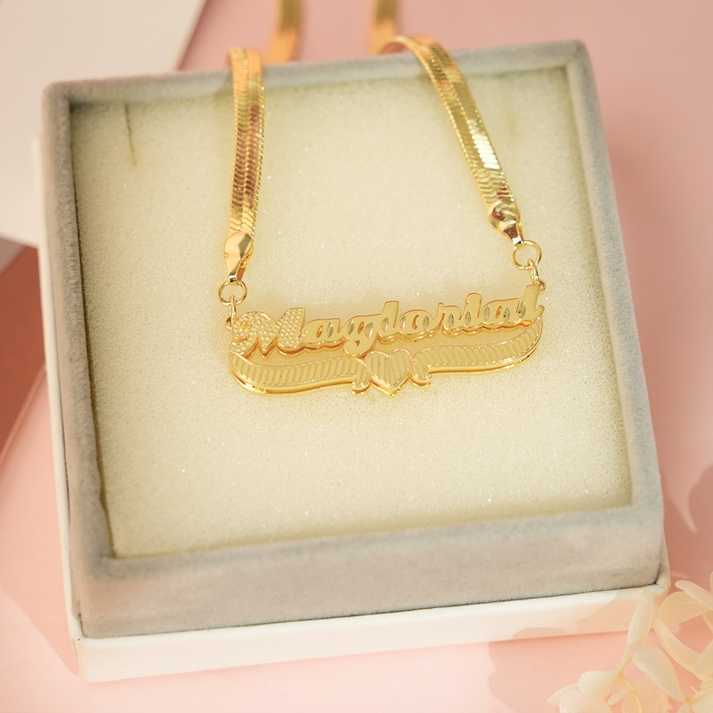 Snake Chain Double Layer Heart Nameplate Pendant Personalized Custom Gold Plated Name Necklace -silviax