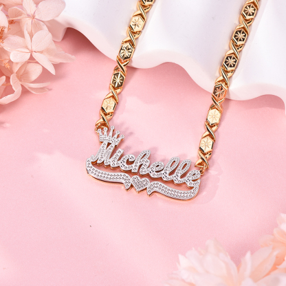 Double Layer Two Tone XOXO Chain with Crown And Heart Personalized Custom Gold Plated Name Necklace-silviax