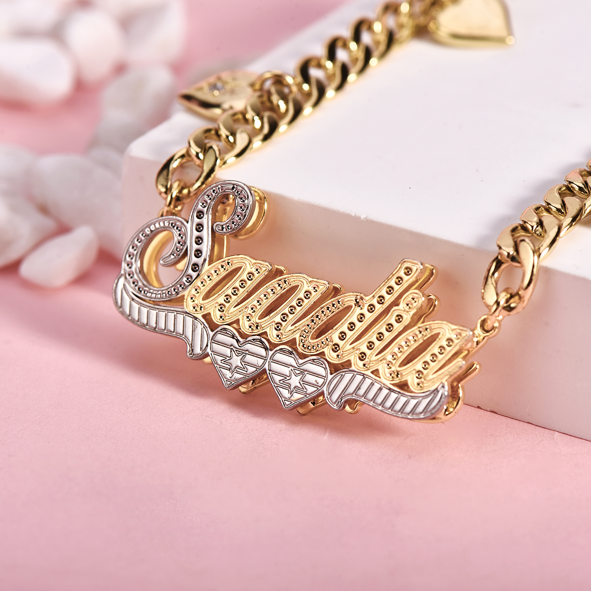 Double Layer Two Tone Two Hearts Cuban Chain With Heart Personalized Custom Gold Plated Name Necklace-silviax