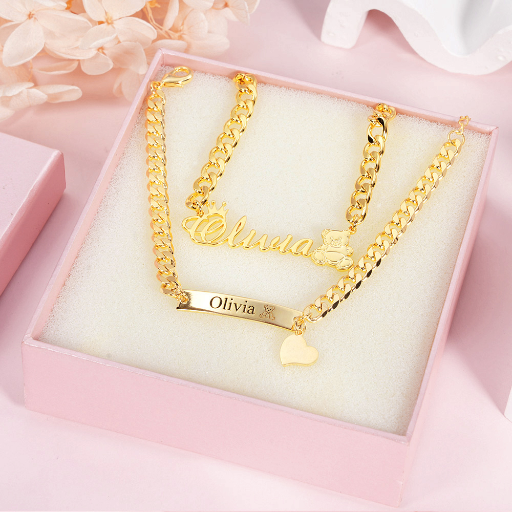 Personalized Crown and Teddy Nameplate Necklace and Heart Pendant Engraved Bar Name Bracelet Set-silviax