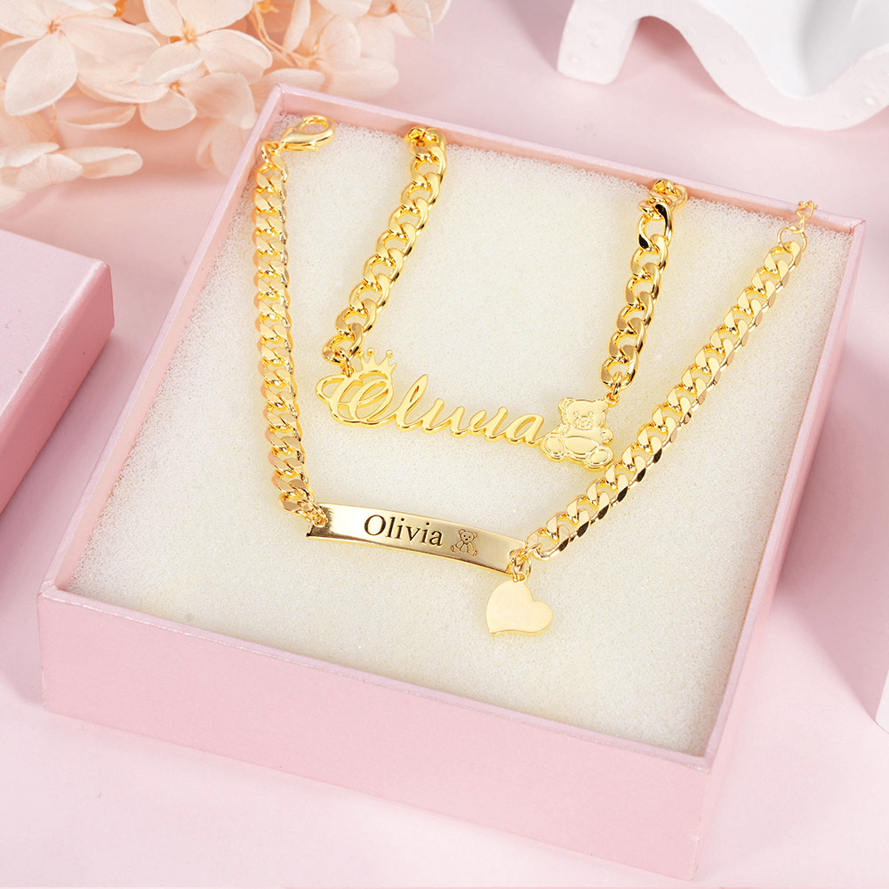 Personalized Crown and Teddy Nameplate Necklace and Heart Pendant Engraved Bar Name Bracelet Set-silviax