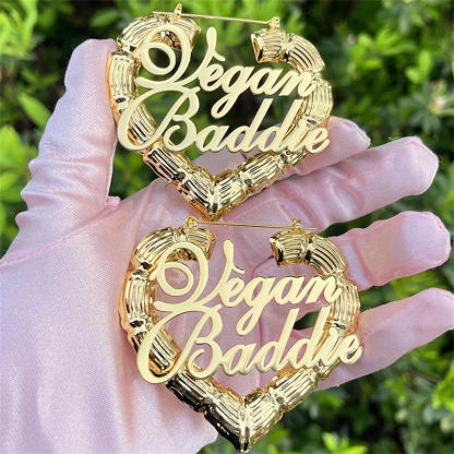 Heart Shaped Personalized Custom Gold Plated Two Names Bamboo Earrings-silviax