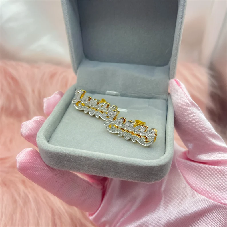 Double Layer Two Tone Heart Underline Nameplate Personalized Custom Gold Plated Name Stud Earrings-silviax