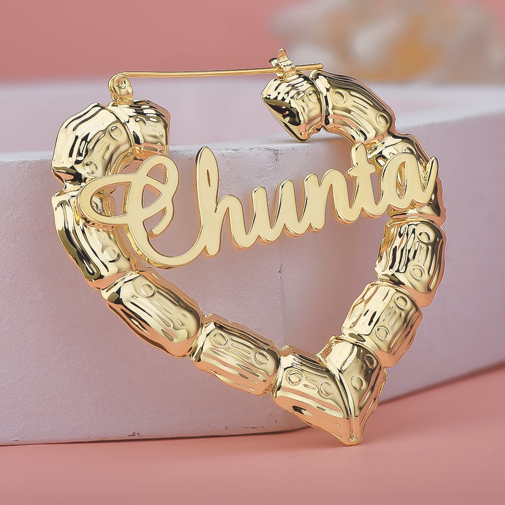 Gold Plated Personalized Heart Bamboo Name Earrings-silviax
