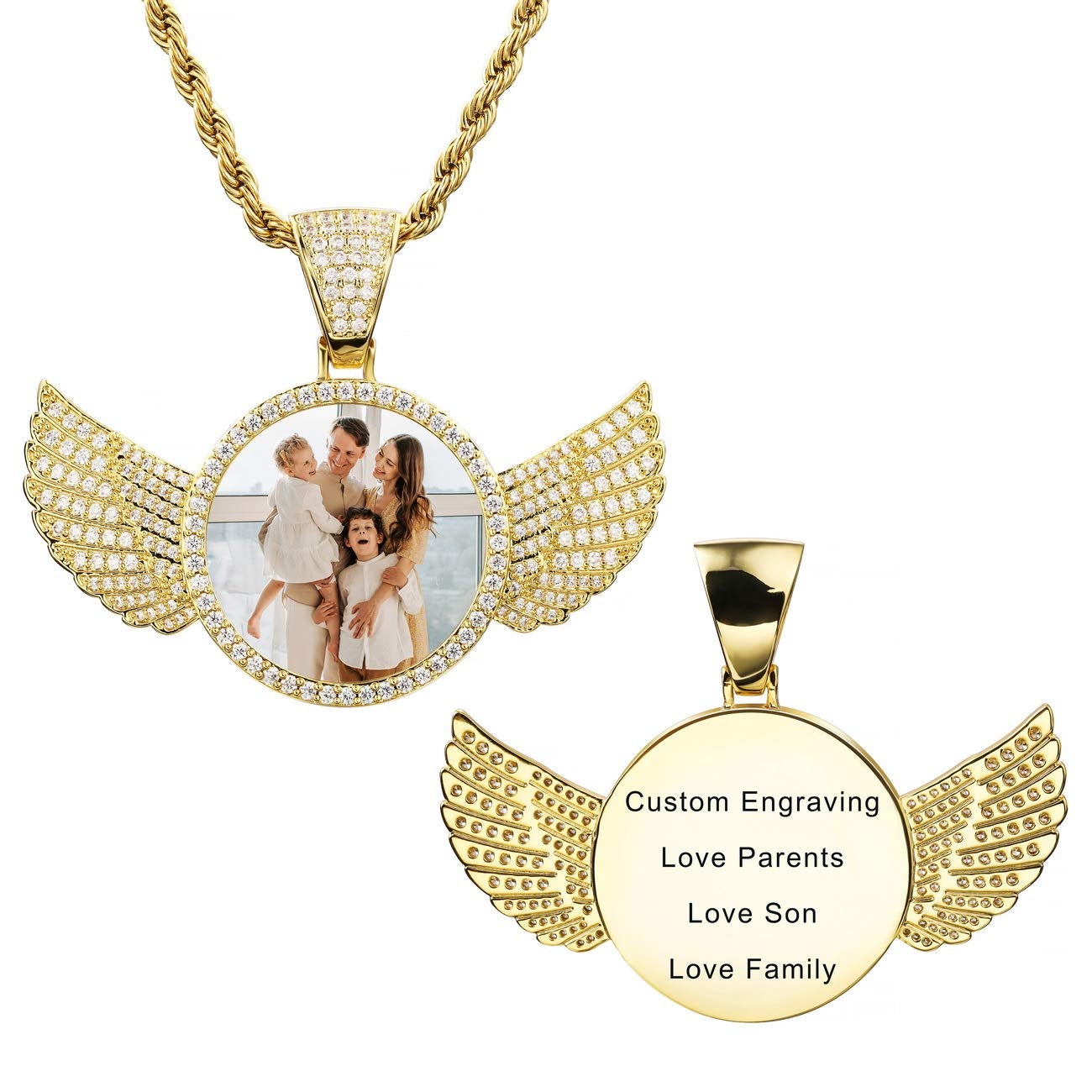 Angel Wing Round Pendant Hip Hop Lettering Custom Photo Necklace Gold Plated-silviax