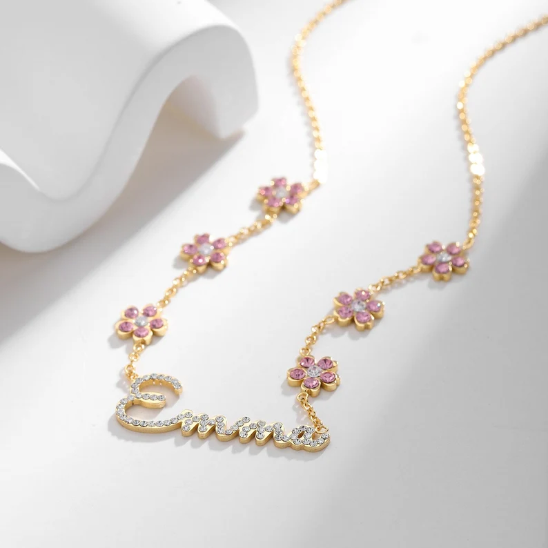 Crystal Nameplate Flower Pendant Personalized Custom White Gold Name Necklace-silviax