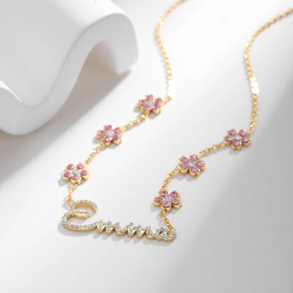 Crystal Nameplate Flower Pendant Personalized Custom White Gold Name Necklace-silviax