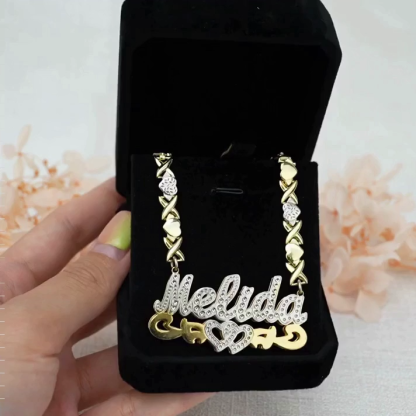 Double Layer Two Tone Hollow Heart with XOXO Heart Chain Personalized Custom Name Necklace