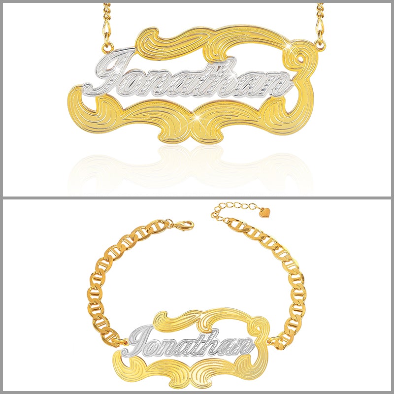 Spray Two Tone Custom Name Necklace Bracelet Set Gold Plated-silviax