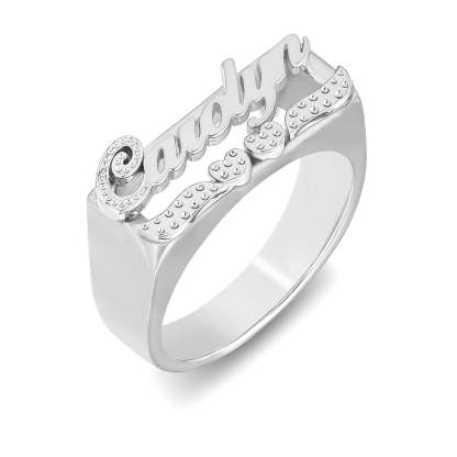 Gold Plated Personalized First Letter and Double Heart Engraving Name Ring-silviax