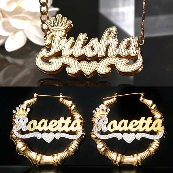 Crown Double Layer Name Necklace And Two Tone Name Bamboo Earrings Personalized Custom Gold Plated Set-silviax