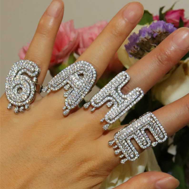 Drip Letter Number Personalized Custom White Gold Initial Ring Hip Hop Style-silviax