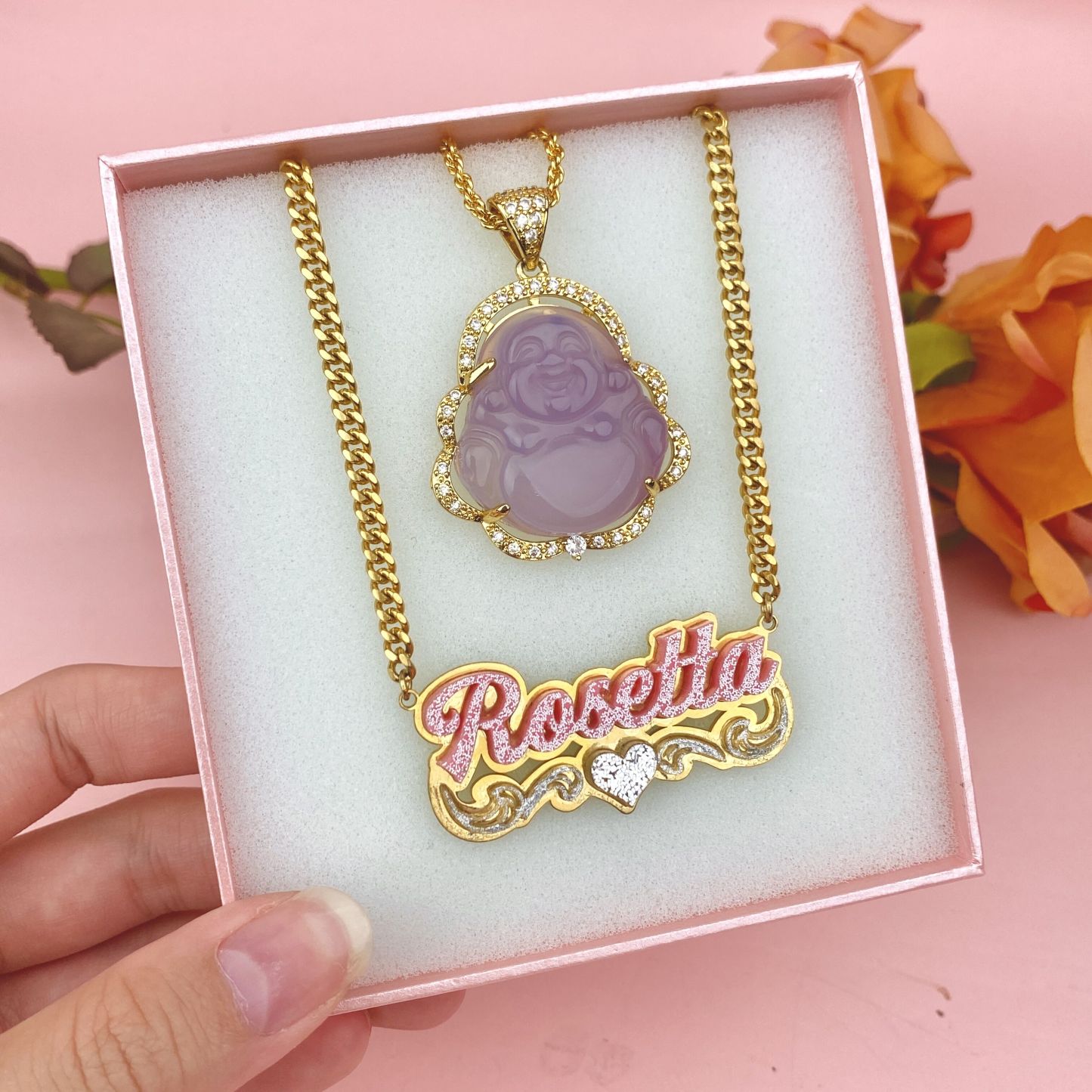 Pink Smile Maitreya Buddha Pendant Necklace And Double Plate Pink Acrylic Nameplate with Heart Personalized Name Necklace Set-silviax