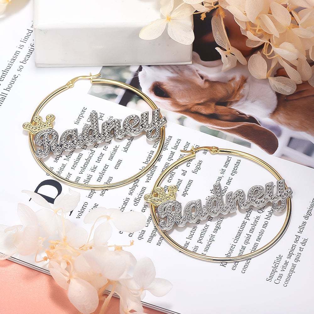 Crown Two Tone Custom Name Bracelet Earrings and Double Plate Necklace Set Gold Plated-silviax