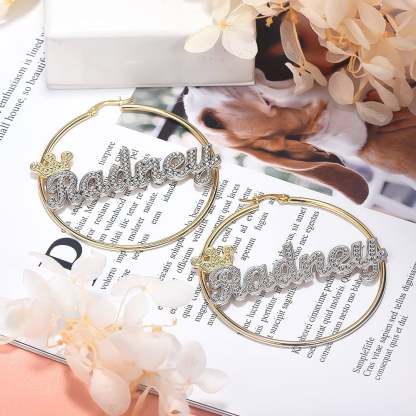Crown Two Tone Custom Name Bracelet Earrings and Double Plate Necklace Set Gold Plated-silviax