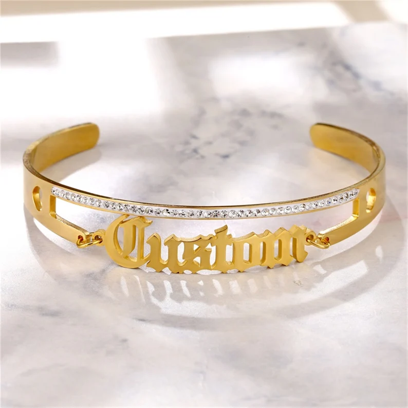 Personalized Bling Crystal Name Cuff Bangle Old English Name Bracelet-silviax