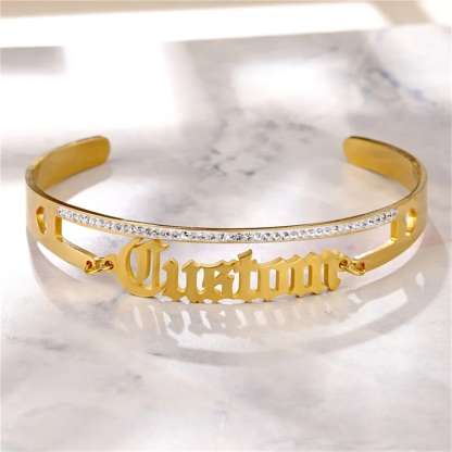 Personalized Bling Crystal Name Cuff Bangle Old English Name Bracelet-silviax