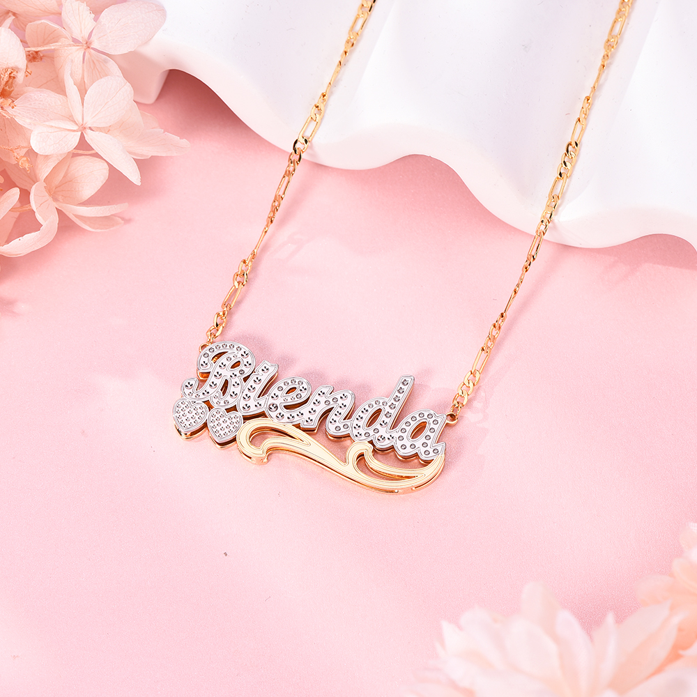 Two Tone Double Layer Personalized Custom 3D Name Necklace with Double Heart-silviax