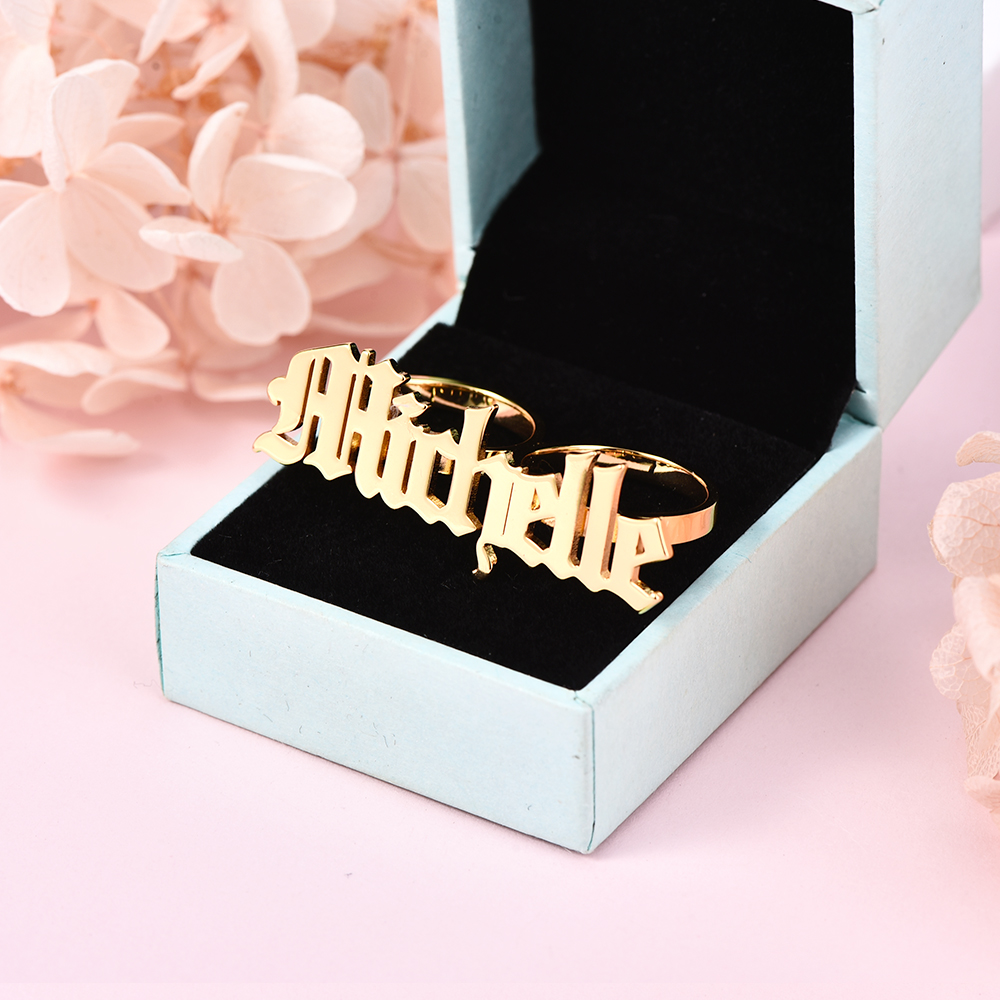 Persnalized Custom Gold Plated Double Finger Old English Font Name Ring-silviax