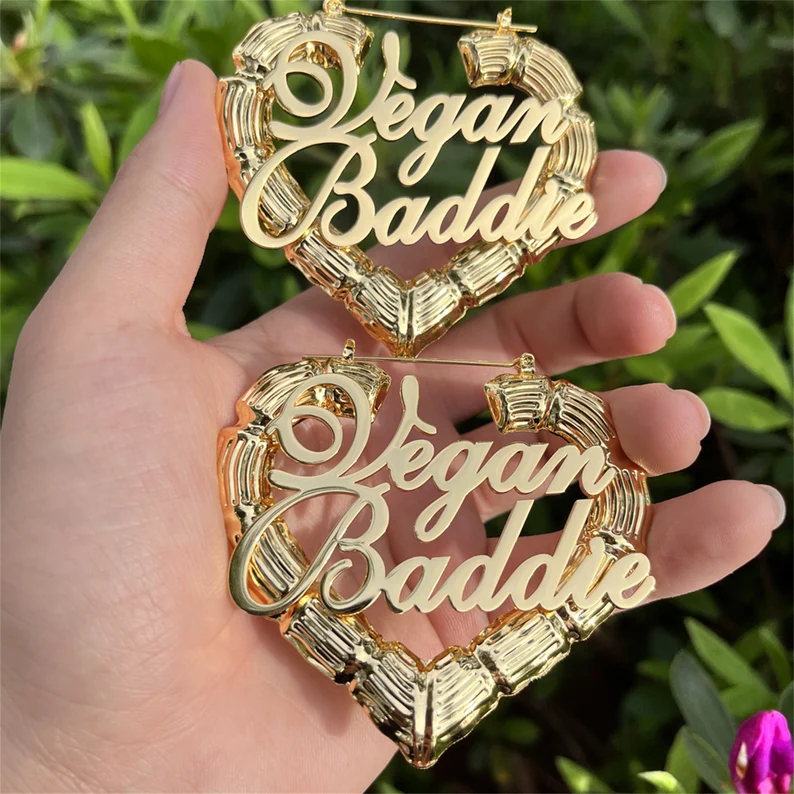 Heart Shaped Personalized Custom Gold Plated Two Names Bamboo Earrings-silviax