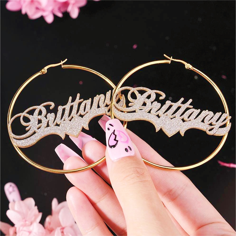 Bling Bling Hoop Earrings with Heart Personalized Gold Plated Name Earrings