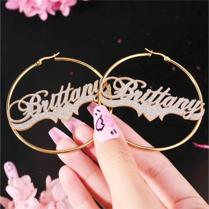 Bling Bling Hoop Earrings with Heart Personalized Gold Plated Name Earrings