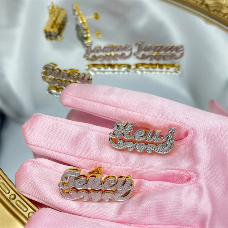 Double Layer Two Tone Heart Underline Nameplate Personalized Custom Gold Plated Name Stud Earrings-silviax