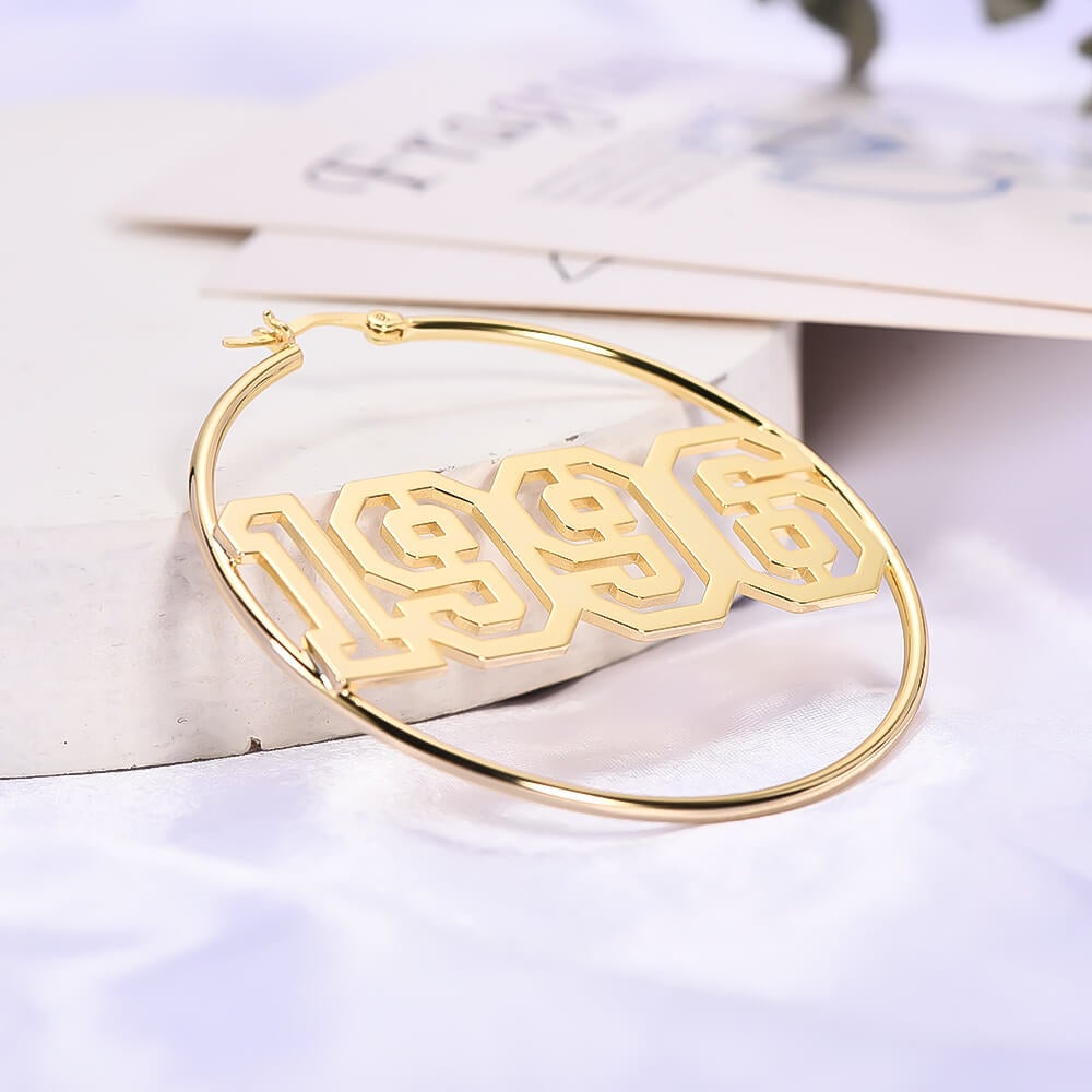 Hollow Number Year Nameplate Personalized Custom Gold Plated 60mm Hoop Earrings-silviax