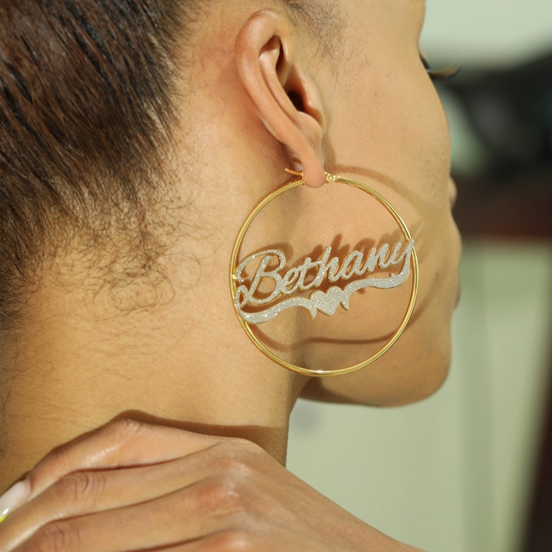 Bling Bling Hoop Earrings with Heart Personalized Gold Plated Name Earrings-silviax