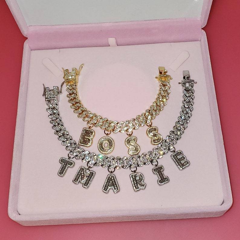 Personalized Cuban Link Iced Out Initial Letter Name Anklets-silviax
