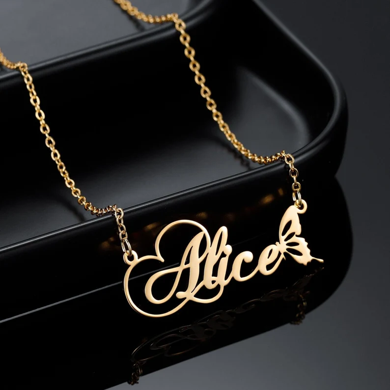 Gold Plated Nameplate with Butterfly Personalized Custom Name Necklace-silviax