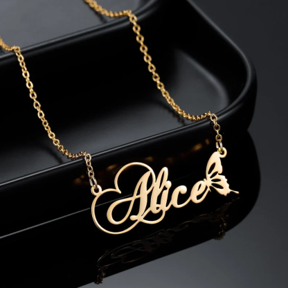 Gold Plated Nameplate with Butterfly Personalized Custom Name Necklace-silviax