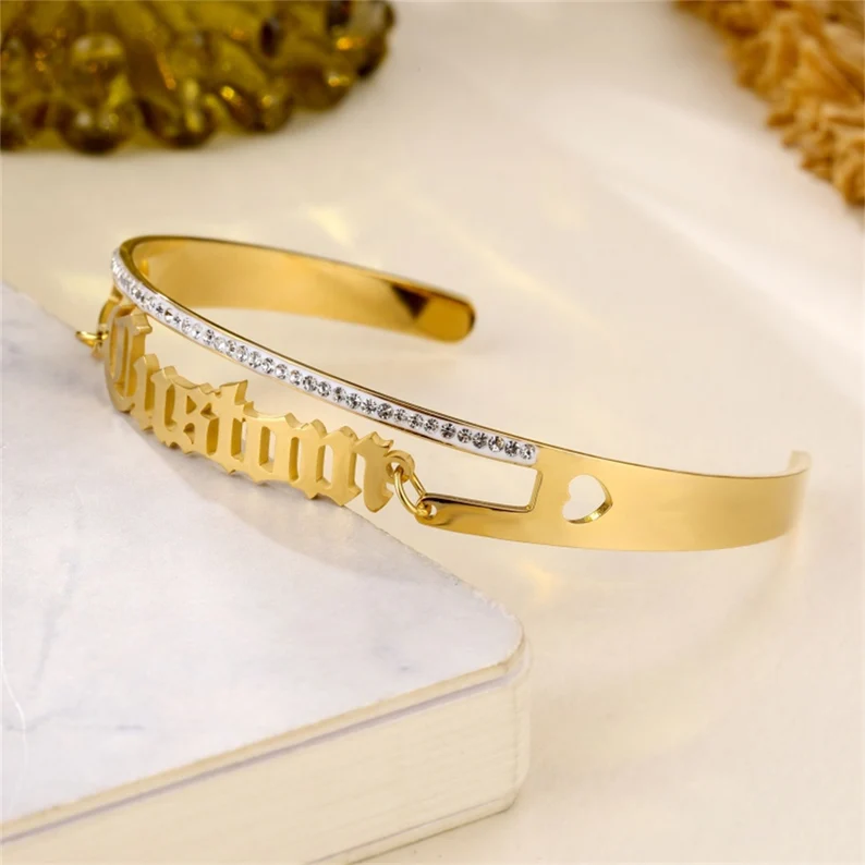 Personalized Bling Crystal Name Cuff Bangle Old English Name Bracelet-silviax