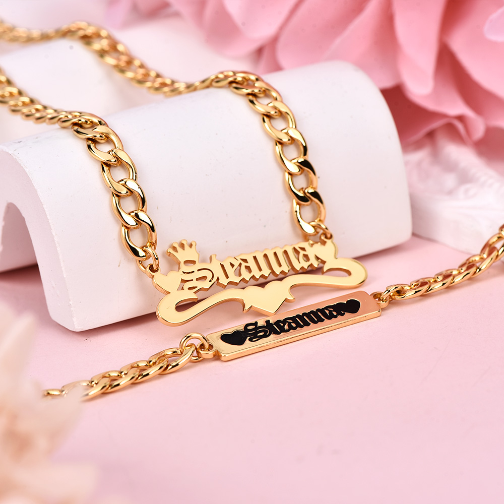 Personalized Three Heart and Crown Nameplate Necklace and Two Hearts Engraved Bar Name Bracelet Set-silviax