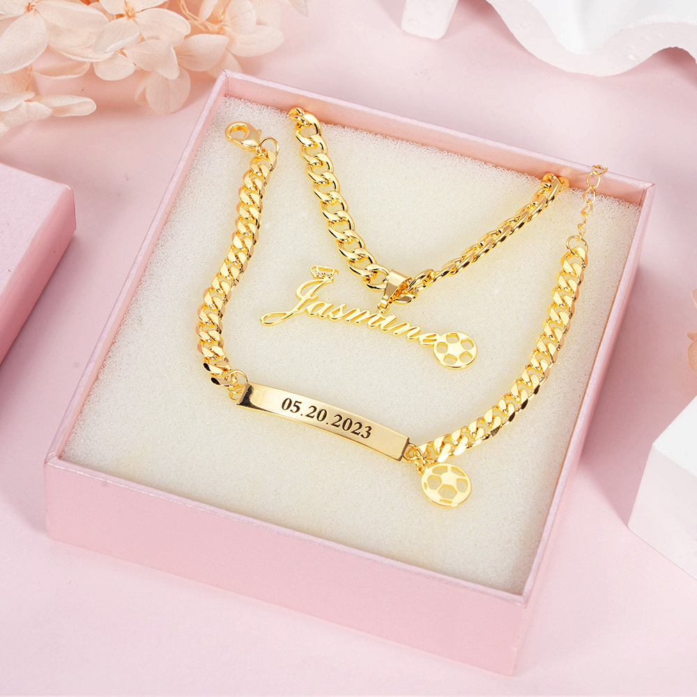 Personalized Kids Football Soccer Crown Name Necklace Engraved Bracelet Set-silviax