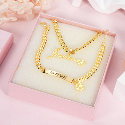 Personalized Kids Football Soccer Crown Name Necklace Engraved Bracelet Set-silviax