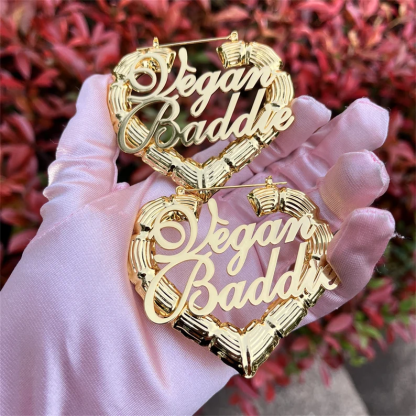 Heart Shaped Personalized Custom Gold Plated Two Names Bamboo Earrings-silviax