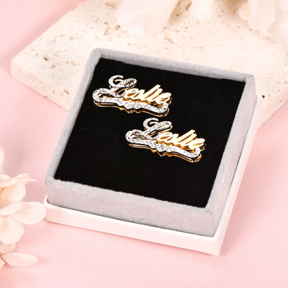 Two Tone Double Layer Personalized Custom Heart Stud Name Earrings-silviax