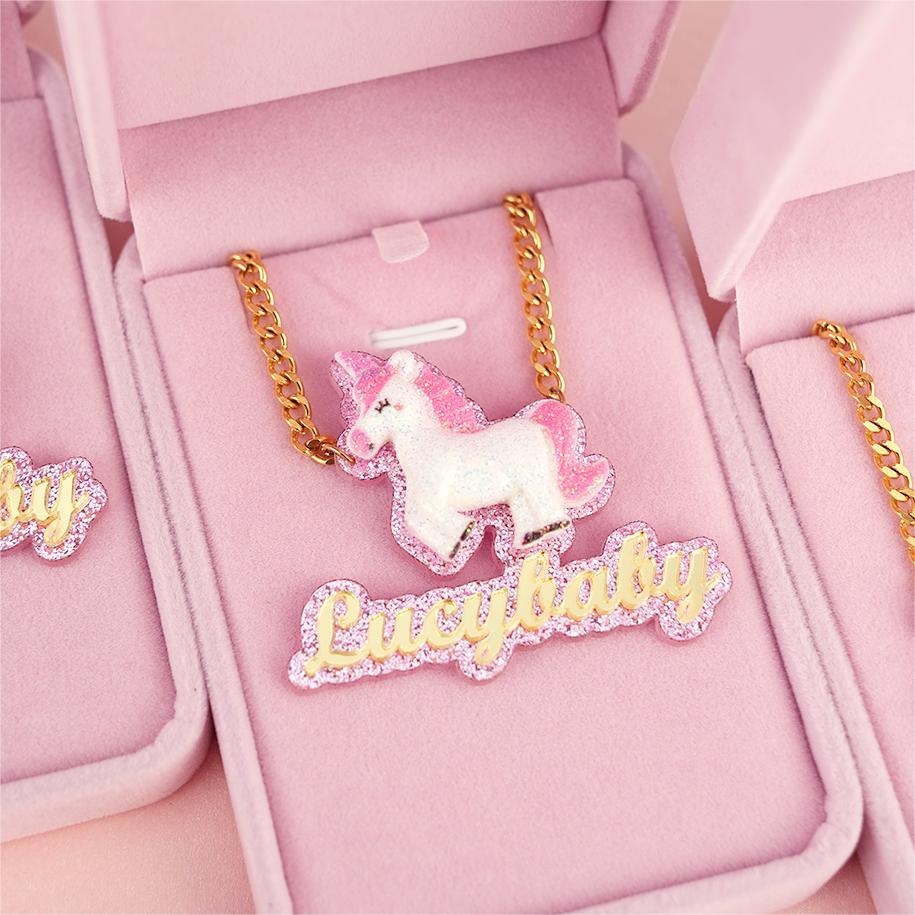Happy Unicorn Acrylic Personalized Gold Plated Name Necklace-silviax