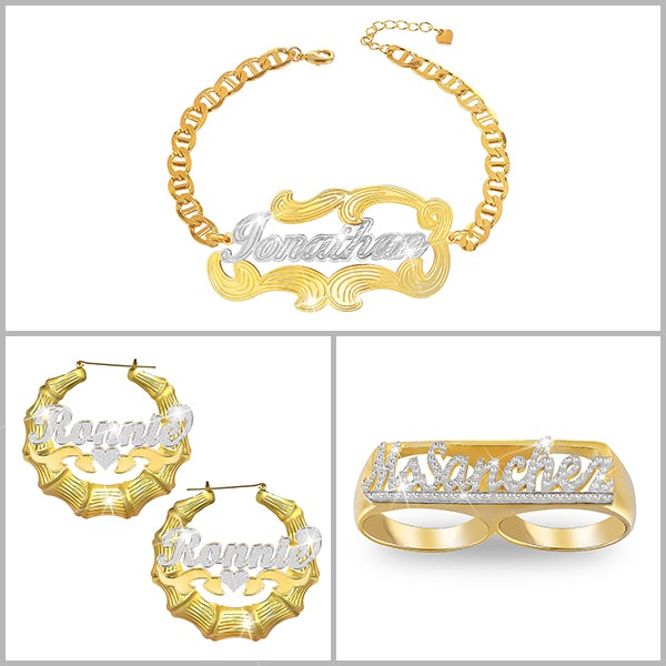 Two Tone Personalized Custom Name Bracelet Bamboo Earrings and Two Fingers Ring Set-silviax