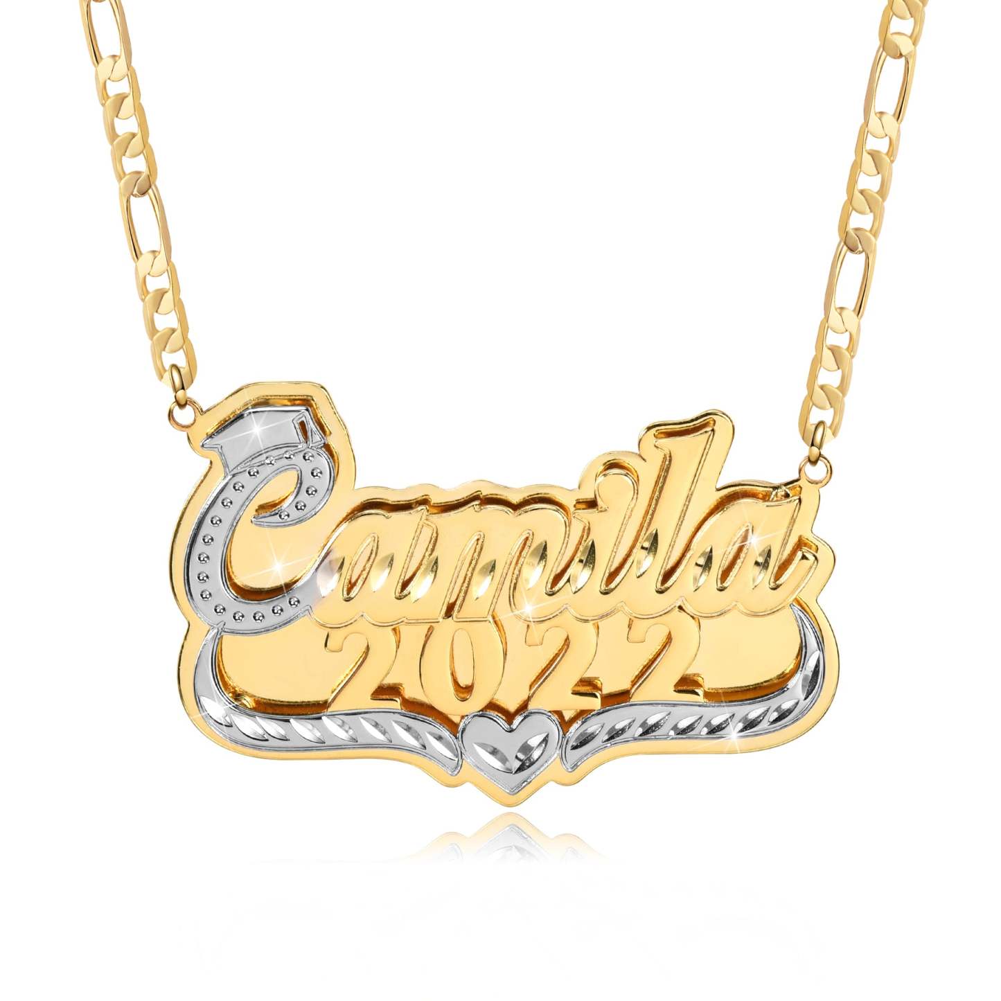 Double Plate Two Tone with Heart Personalized Graduation Cap Name and Year Necklace-silviax